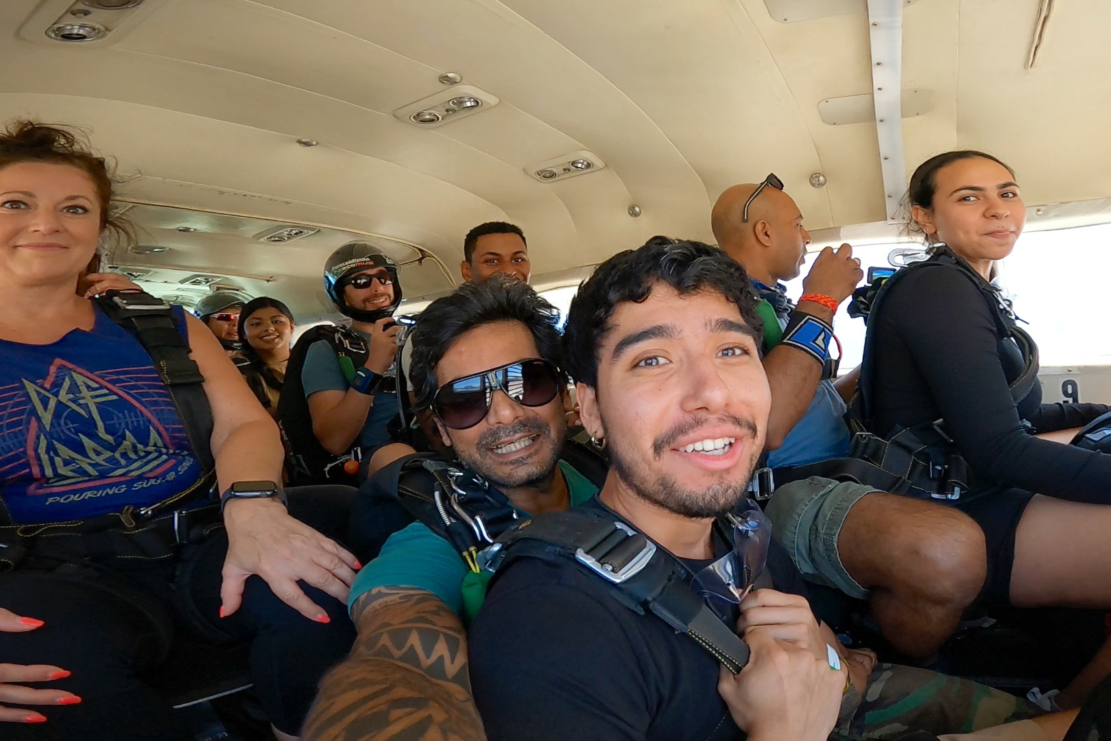 Inside the airplane before skydiving in New York