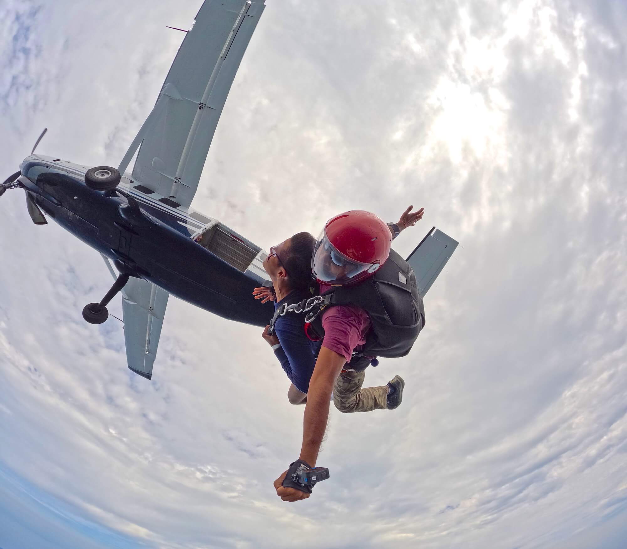 Skydiving out of a plane above New York